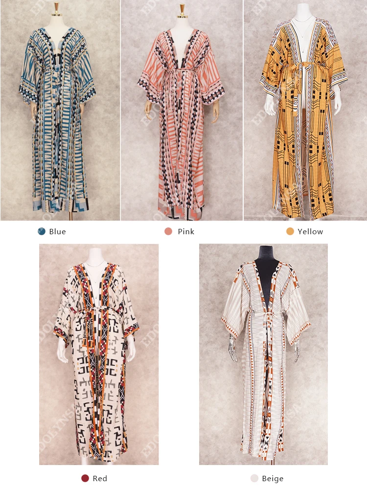 Blue Retro Printed Long Sleeve Self Belted Plus Size Bohemian Kimono Tunic Women Tops and Blouses Shirts Q1228 floral kimono