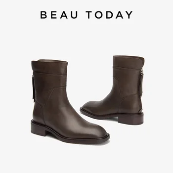 BEAUTODAY Ankle Boots Women Genuine Calfskin Leather Sewing Solid Color Zipper Square Toe Casual Ladies Shoes Handmade 02259
