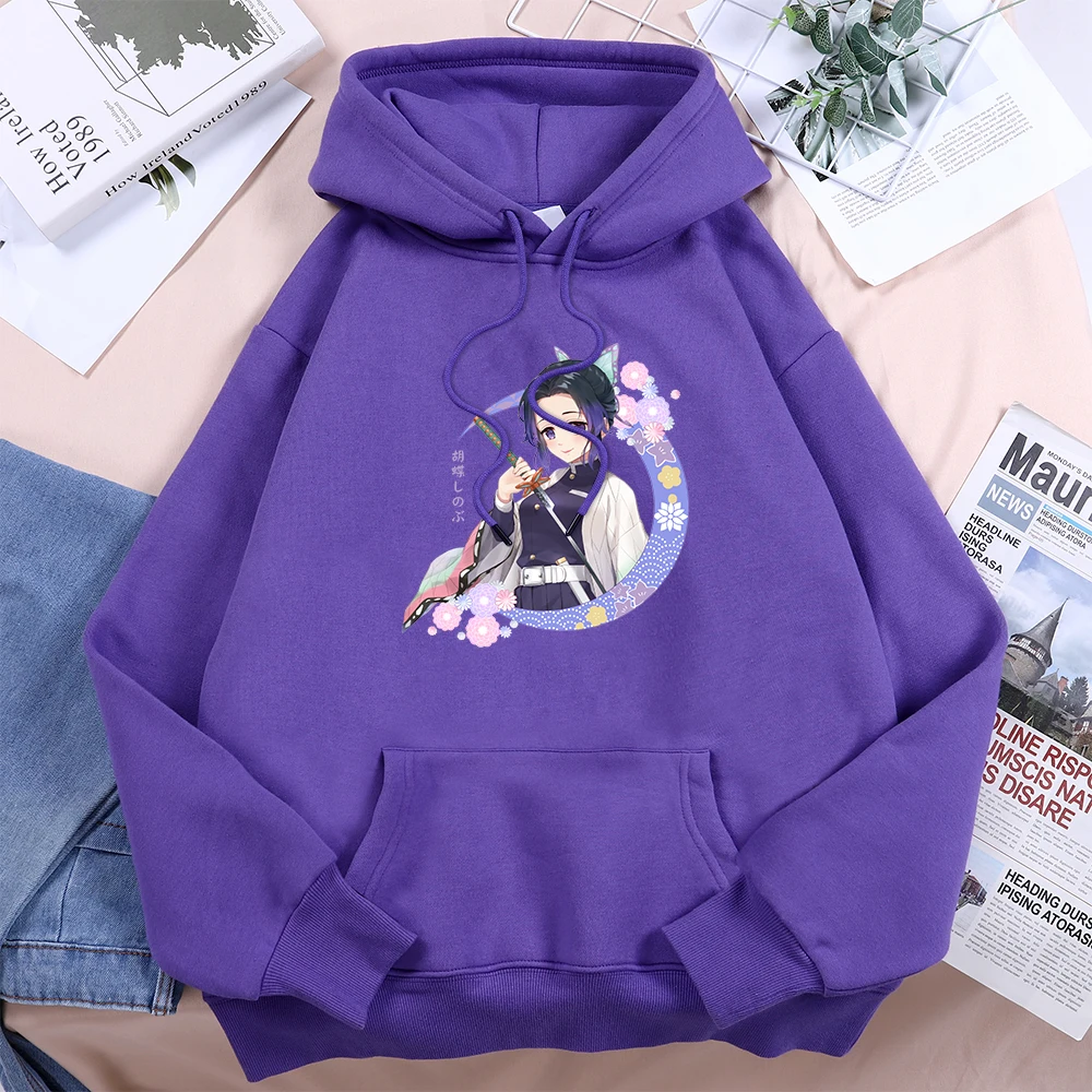 

Anime Demon Slayer Kochou Shinobu With A Sword Womens Hoodie Casual Autumn Hoody Warm Fleece Tops O-neck Loose Female Sweatshirt
