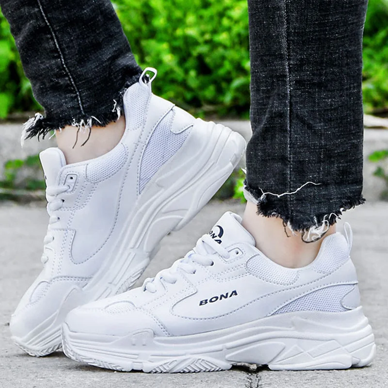 BONA 새 디자이너 화이트 스니커즈 여성 플랫 슈즈 Vulcanize 신발 여성 캐주얼 Zapatillas Mujer 유럽 사이즈 플랫폼