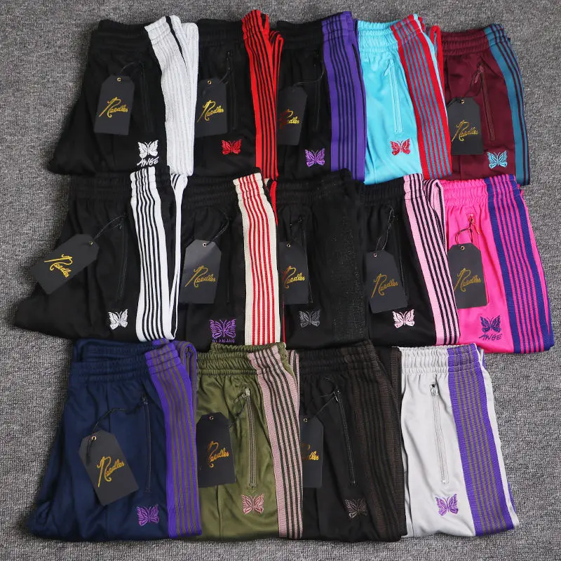 

2024SS NEEDLES Butterfly Embroidery Ribbon Contrast Men's and Women's Casual Loose Pants Straight leg Sports Pants
