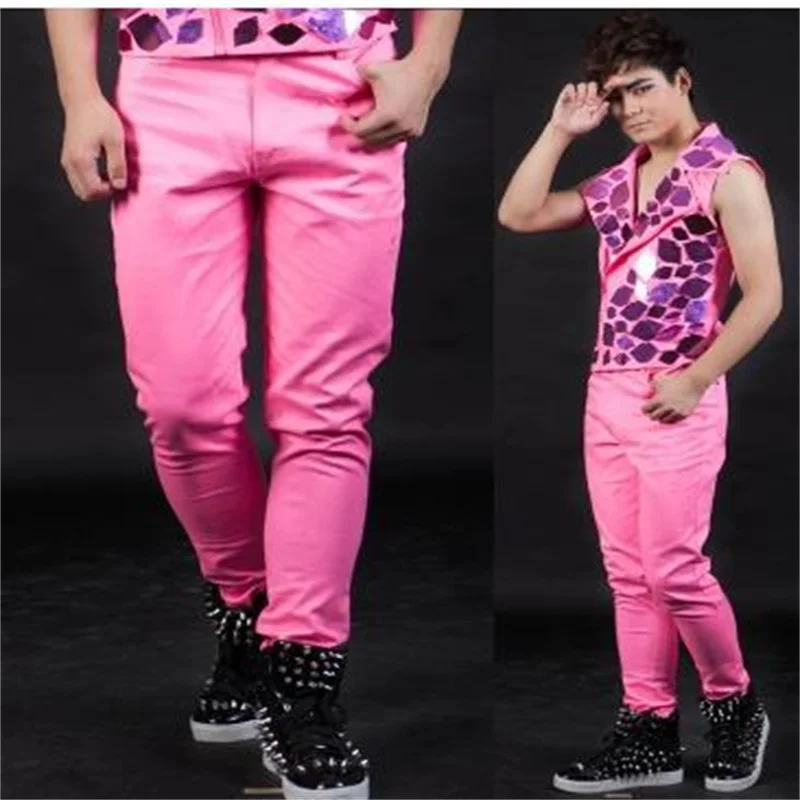 Roze Zanger kostuums katoen broek mannen 1 broek man stage broek heren broek  Originele ontwerp gepersonaliseerde Bieden custom - AliExpress