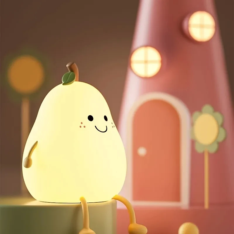 Cute Fruit LED Night Light USB Rechargeable Silicone Bedroom Bedside Room Lamp Touch Sensor Control Room Decor Kids Children 5