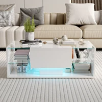 Table basse Superaly haute brillance, table de canapé blanche moderne avec éclairage LED, tiroir et compartiment ouvert, table d'appoint 100 x 50 x 35 cm, pour salon, bureau 2