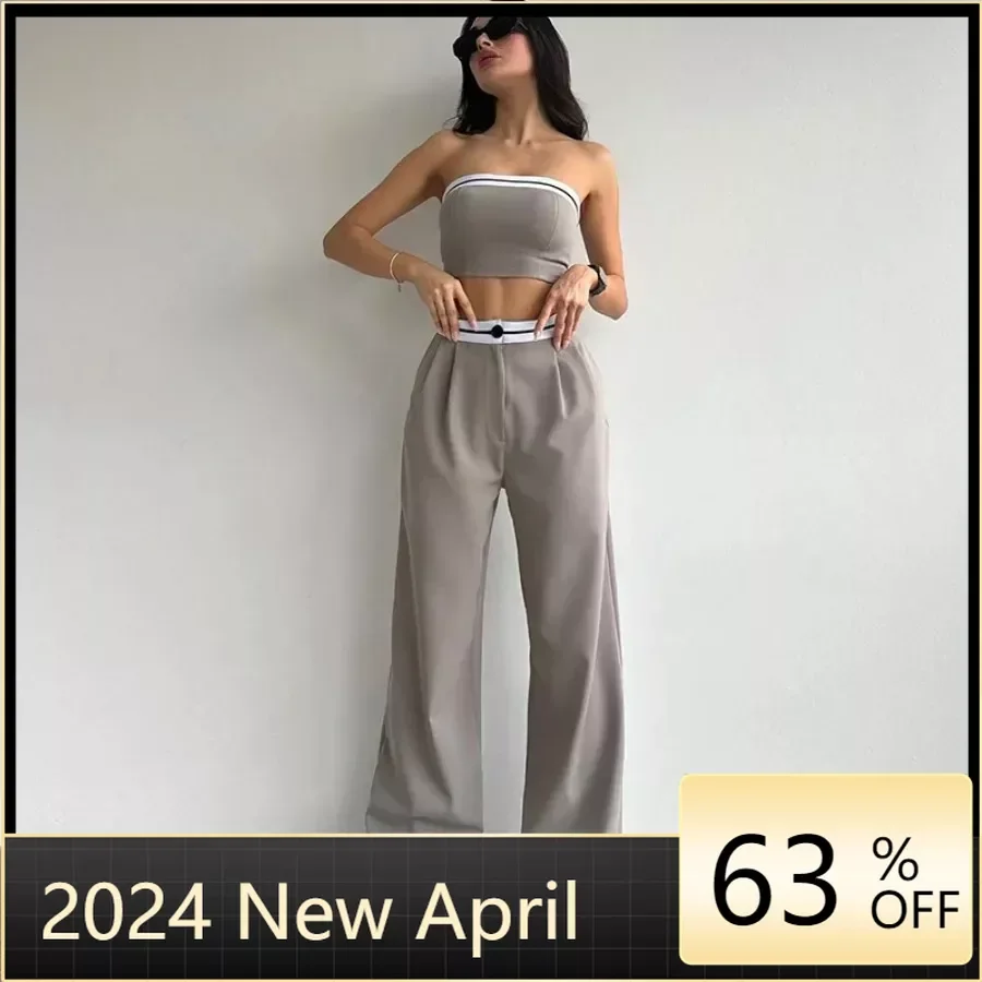 Two Piece Set Women Outfit Summer Fashion Bandeau Sleeveless Sports Vest & Contrast Color High Waist Wide Leg Pants Set Hot Girl