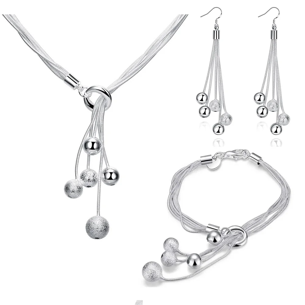 

Charm 925 Sterling Silver Tassels Hanging Beads Bracelets Necklace Earring Jewelry Set for Women Fashion Party Wedding Gifts