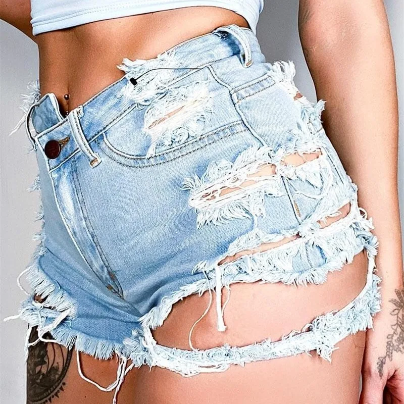 Fashion Broken Holes Ragged Denim Shorts Female Casual High Waist Three Quarter Pants Women's Biker Style Jeans Trend Streetwear