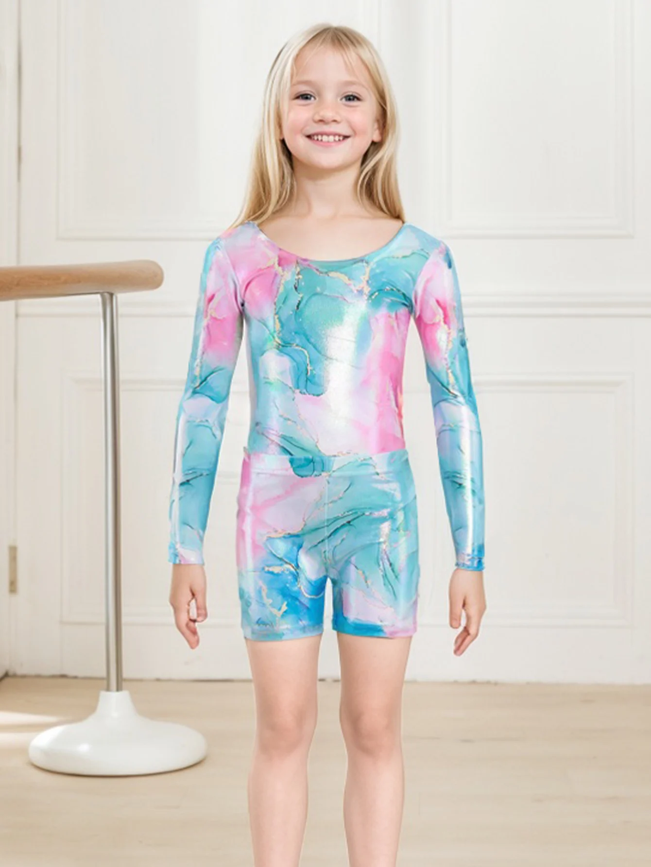 Three-Piece Gymnastics Leotards, Girls Long Sleeve Gymnastics Set with Shorts and Hairband, Sparkling Ballet Dancing Unitards
