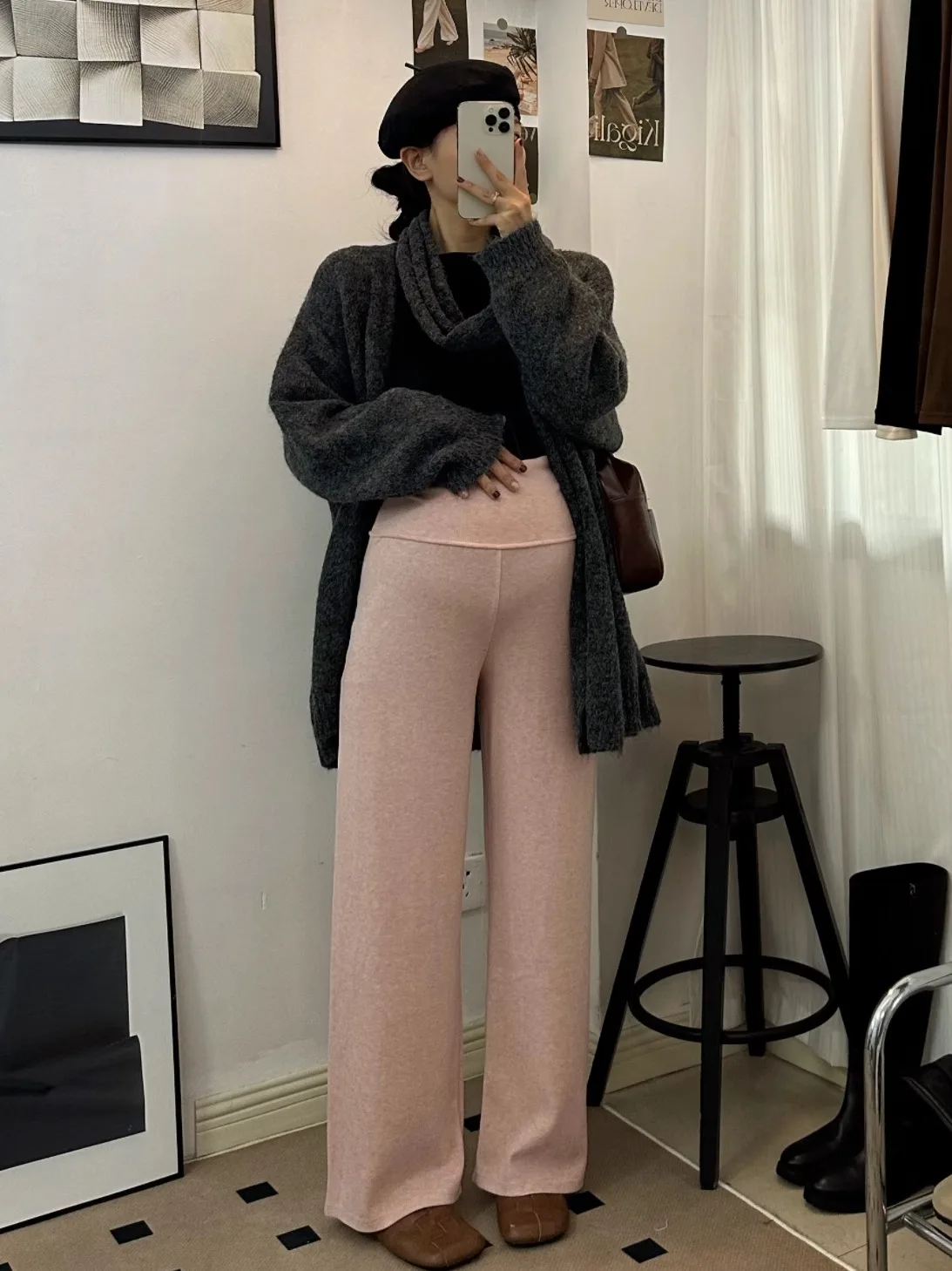 양털 안감 한국 스타일 임산부 바지 와이드 레그 캐주얼 복부 지지 아우터 겨울 롱 팬츠 면 폴리에스터