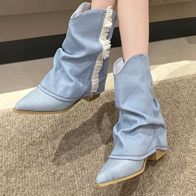 Autumn Chunky Heel Shoes for Women 2023 New Fashion Denim Fabric Women's Western Cowboy Boots Pionted Toe Ladies Mid Calf Boots