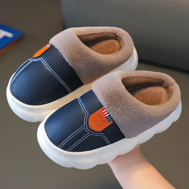 Women's Cotton Slippers Indoor Winter Shoes Women Warm Plush Waterproof Leather Slippers Little Girl Boy Soft Sole Woman Slides