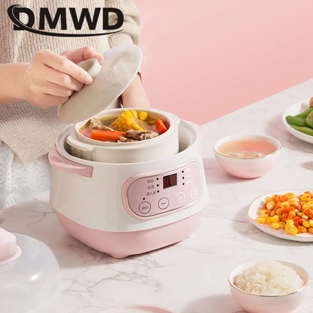 DMWD 1L Household Slow Cooker Electric Stew Soup Pot Porridge Cooking Machine Bird's nest Dessert Maker Ceramic Liner 220V 4