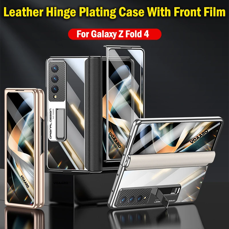 

HD Clear Plating Funda for Samsung Galaxy Z Fold 4 Case Leather Hinge Protection Kickstand Holder Cover with Front Screen Film