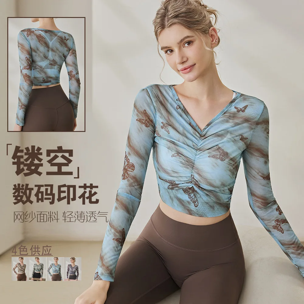 Women's Mesh V-Neck Yoga Top Printed Long Sleeve Breathable Quick-Dry Sports T-Shirt Outdoor Fitness Running Pilates Training 2