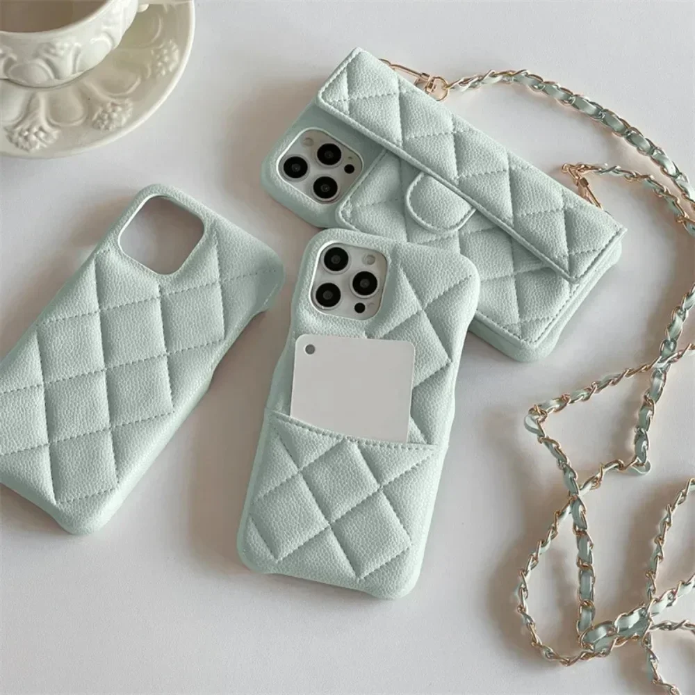 Luxury Geometric Leather Crossbody Phone Case with Necklace Chain and Card Holder