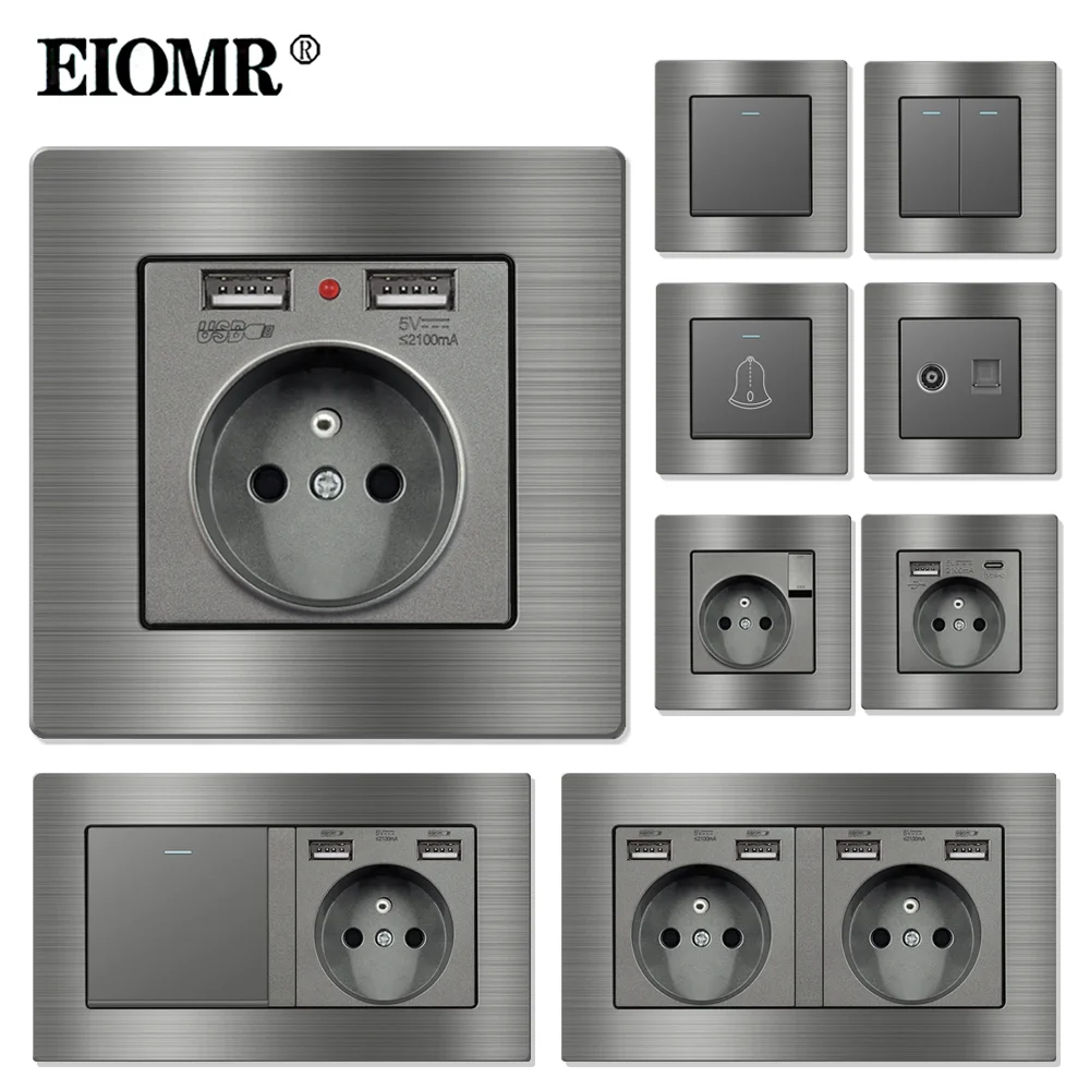 Eiomr STOP kontak listrik แผงอะลูมินัมอัลลอยสีเทาแบบฝรั่งเศสสวิตช์ไฟ Rj45เต้ารับติดผนัง16A 220V สำหรับเครื่องใช้ในบ้าน 1
