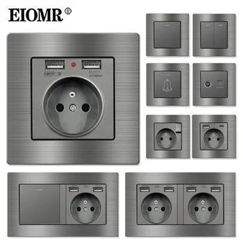 Eiomr STOP kontak listrik แผงอะลูมินัมอัลลอยสีเทาแบบฝรั่งเศสสวิตช์ไฟ Rj45เต้ารับติดผนัง16A 220V สำหรับเครื่องใช้ในบ้าน 1