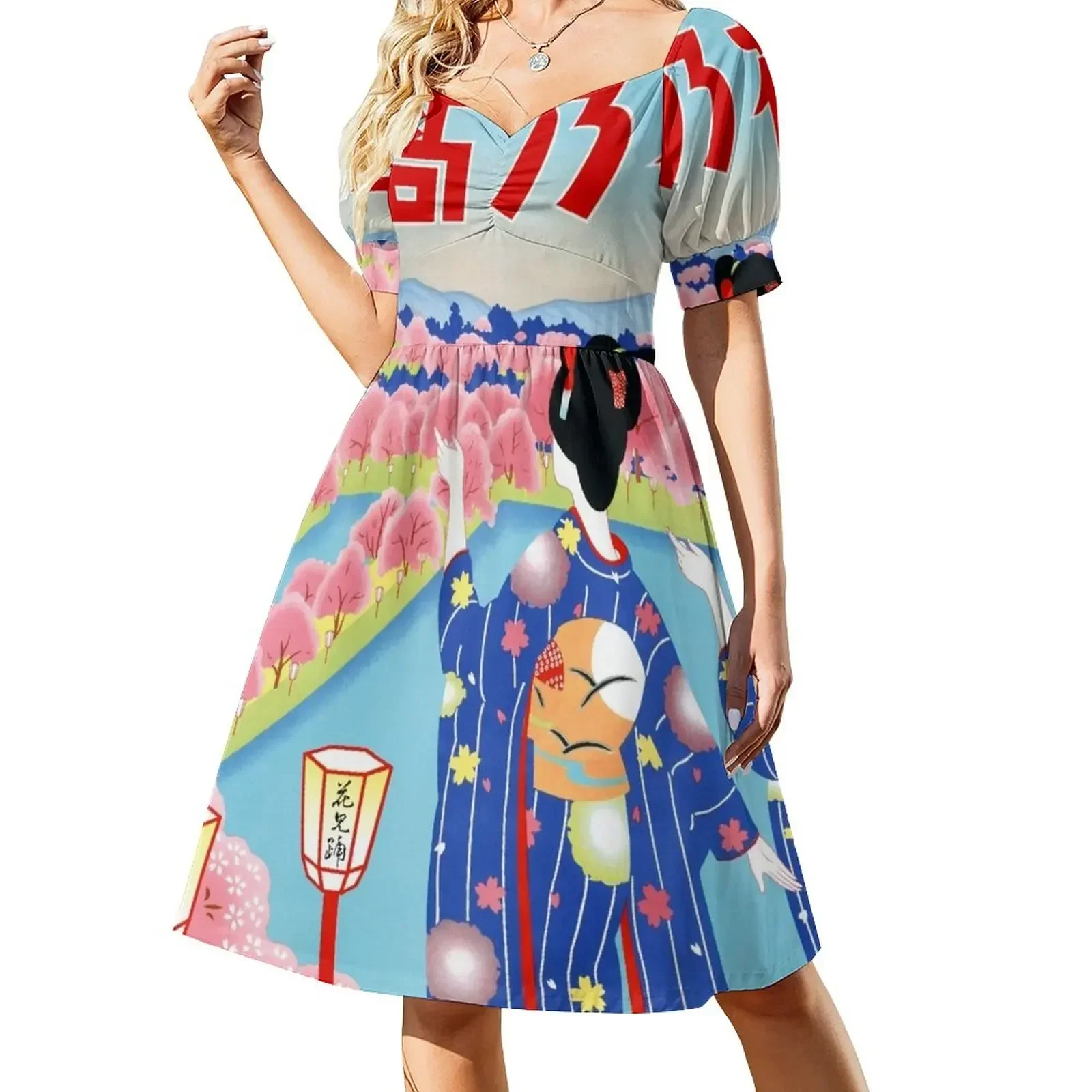 Vestido de manga corta restaurado con póster vintage japonés, ideal para fiestas nocturnas y ocasiones especiales.