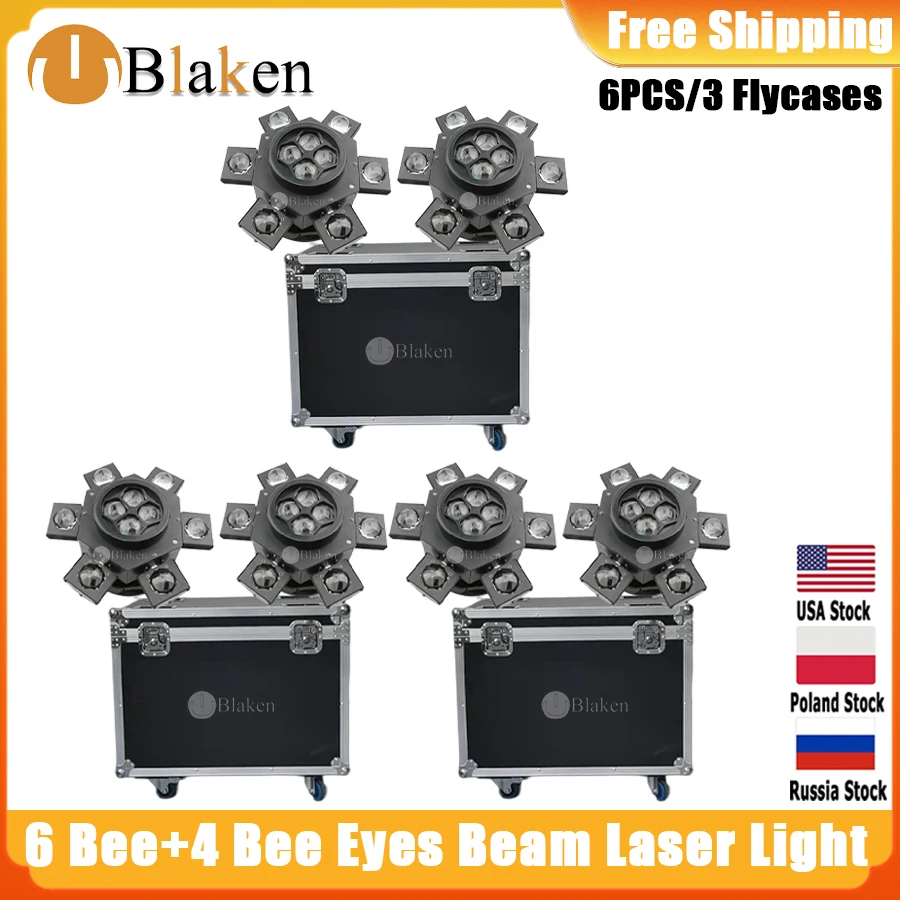 

0 Tax 3 Flight Cases 6 Beam Moving Head Light 6*10W+ 4*10W RGBW LED Six-arm Cyclone Bee-eye Laser LED Bee Eyes For Club