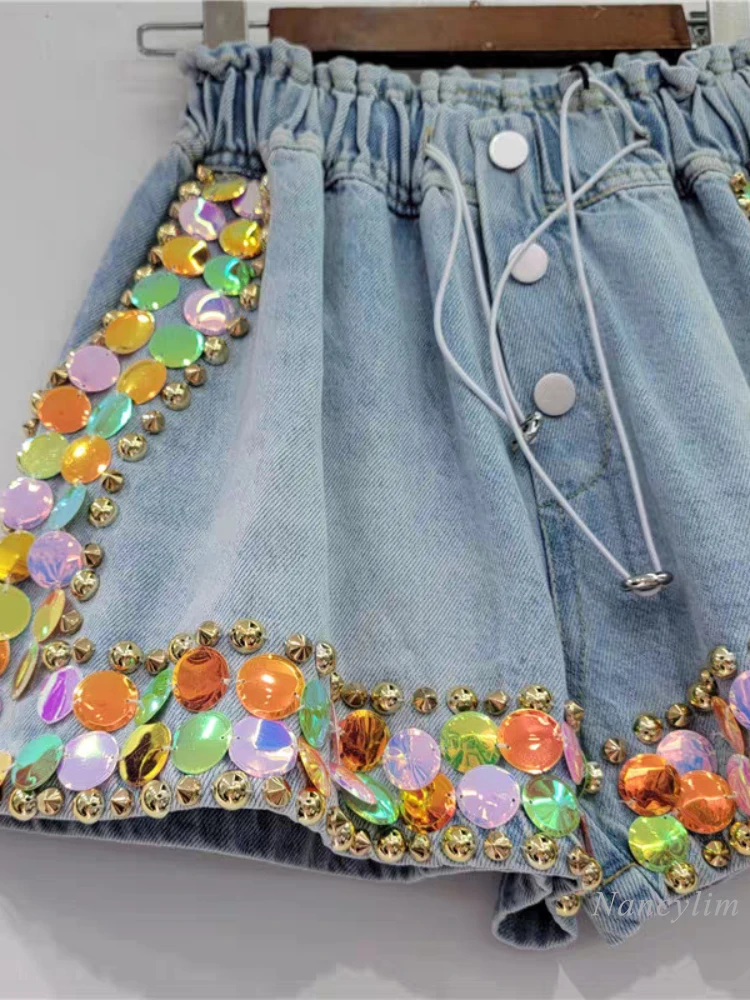 European Style Loose Denim Shorts Women 2023 Summer New Handmade Beaded Large Colorful Crystals High Waist Wide-Leg Denim Shorts