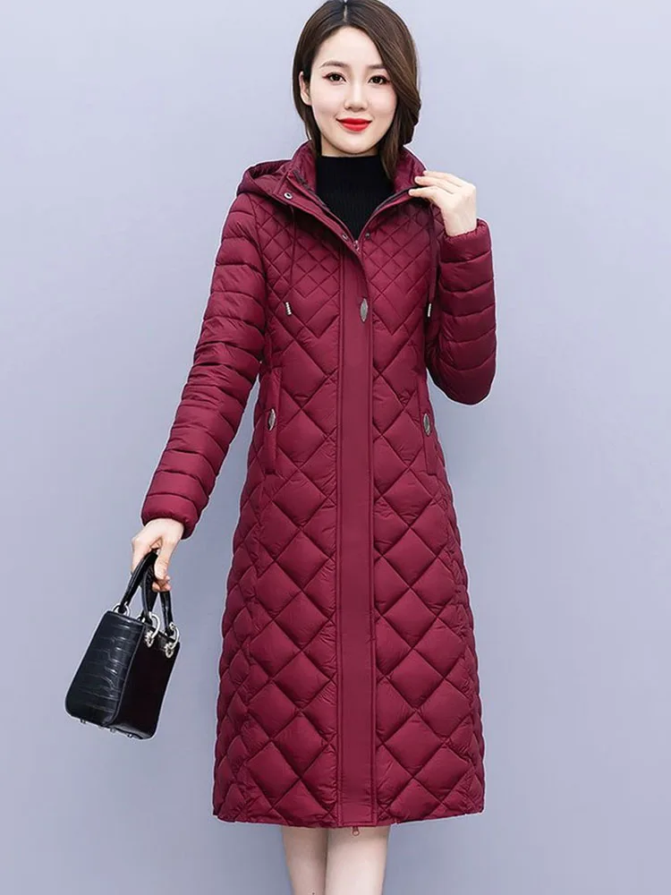 2024 Winter Down Cotton-padded Jacket Women Light Coats Hooded Parka X-long Slim Outerwear Oversize XL-7XL Warm Quilted Overcoat