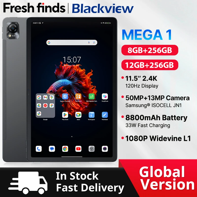 Tablet PC Kid Tablet Android Tablet Gaming Tablet Blackview MEGA 1 Tablet 11.5 inch 2.4K 120Hz Display 8GB 256GB 50MP+13MP Camera 8800mAh 33W Fast Charging Pad