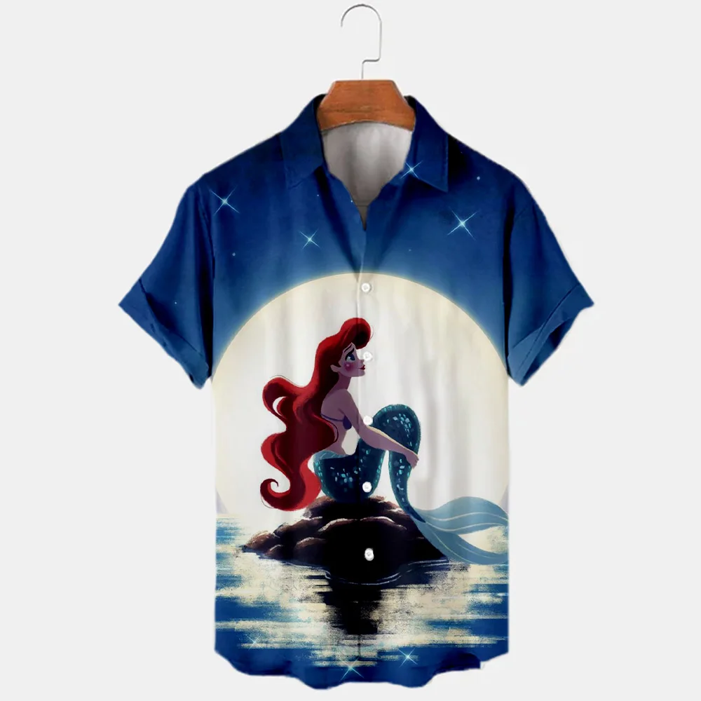 2024 New Disney Brand Ariel Mermaid Anime 3D Printing Men's Lapel Short Sleeve Shirt Fashion Casual Top Y2K