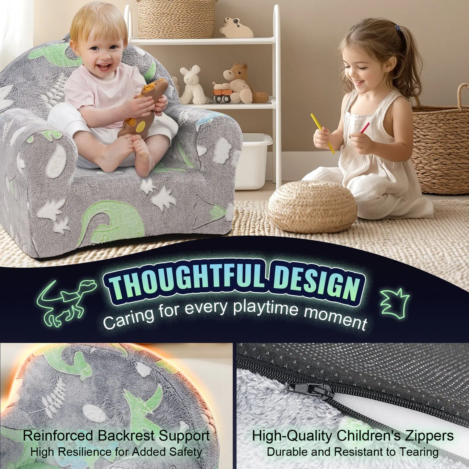 Toddler Chair, Kids Armchair Comfy, Toddler Couch Sofa Bed Glow in The Dark, Kids Chair Seat Playroom Furniture for Kids Girls 5
