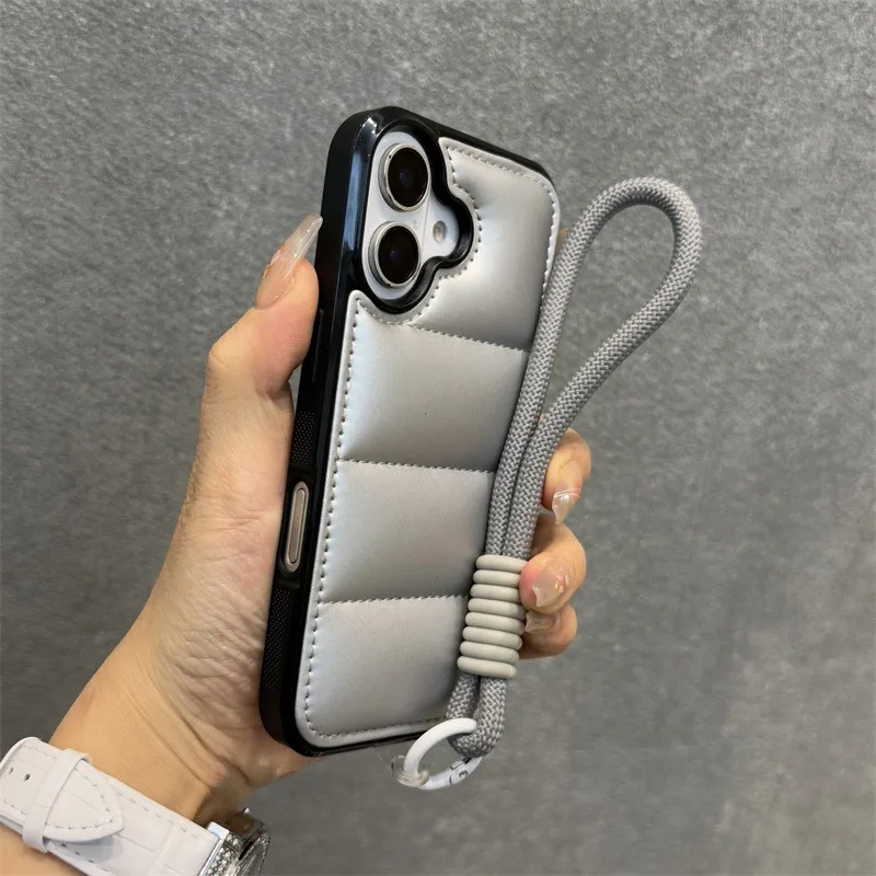 Luxurious Wrist Strap Down Jacket Phone Case with Lanyard Cover