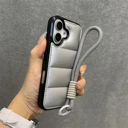 Luxurious Wrist Strap Down Jacket Phone Case with Lanyard Cover - iPhone 14 Pro Max (Silver GS)