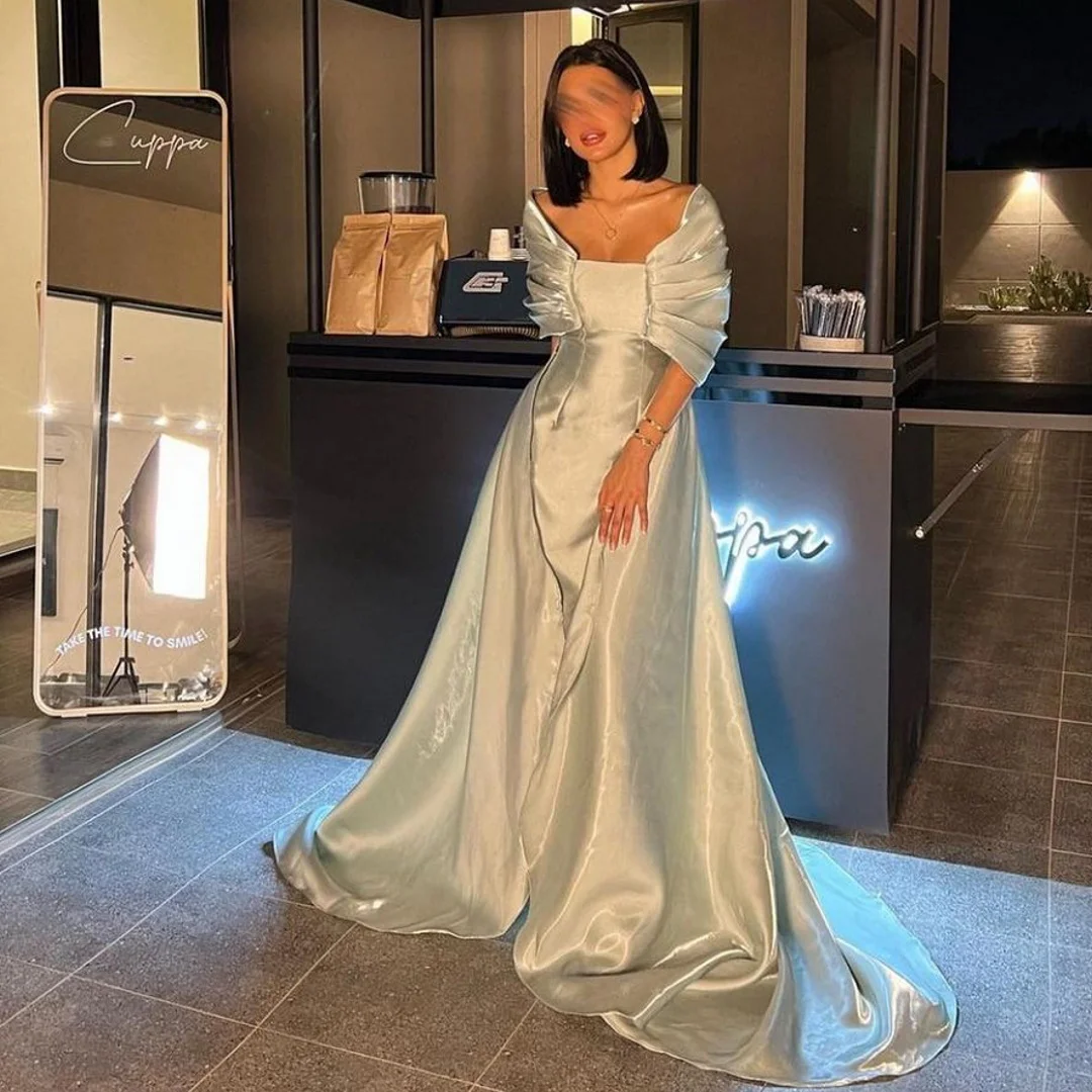 

OIMG Off the Shoulder Prom Maxi Dresses Cape Sleeves Floor Length Satin Ruched Sheath Elegant Evening Gowns Formal Party Dress