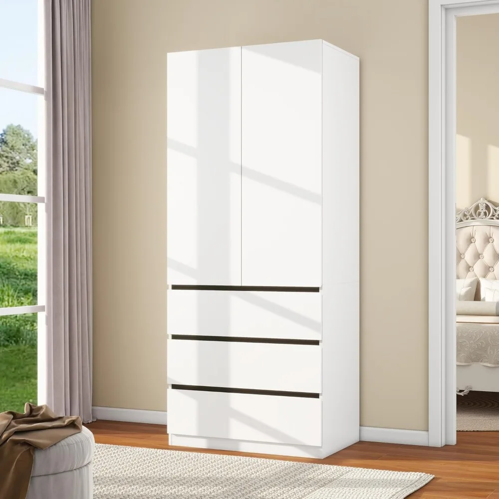 Modern 75" White Bedroom Armoire Wardrobe Closet with 3 Drawers and Shelves - Stylish Storage Solution 5