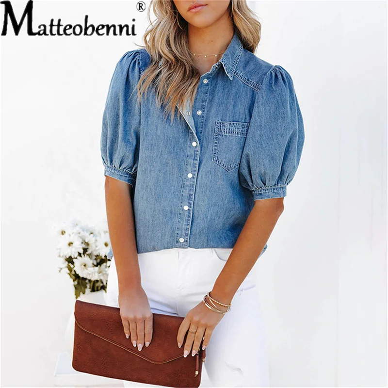 Women Fashion Denim Pockets Shirt Coat Loose Buttons V-Neck Tops Ladies Casual Jacket Tops Female Short Sleeve Blouse Pullover ladies dress stylish v neck midi dress with buttons pockets high waist for women elegant summer fashion solid colors loose cut