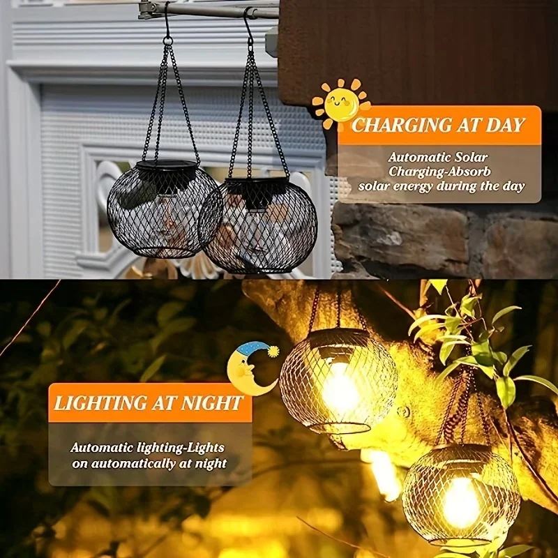 2PCS Outdoor Solar Lanterns Light Hanging Solar Lights Decorative LED Lighting Metal Waterproof Tree Light For Garden Yard Patio
