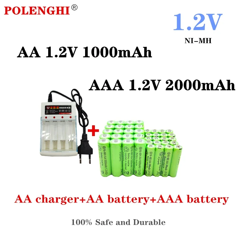 

AA 1.2V 1000mAh AAA 1.2V 2000mAh NI-MH rechargeable battery, suitable for remote control toys, flashlights, MP3 players+chargers
