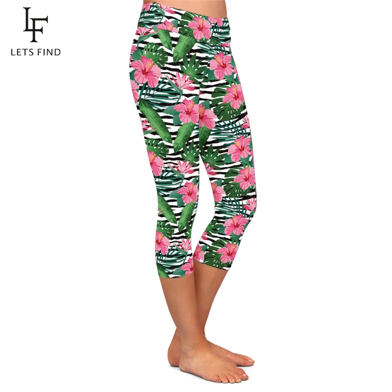 LETSFIND 2020 Summer High Quaility Slim Women Capri Leggings Fashion 3D Flowers Print High Waist Fitness Soft Leggings