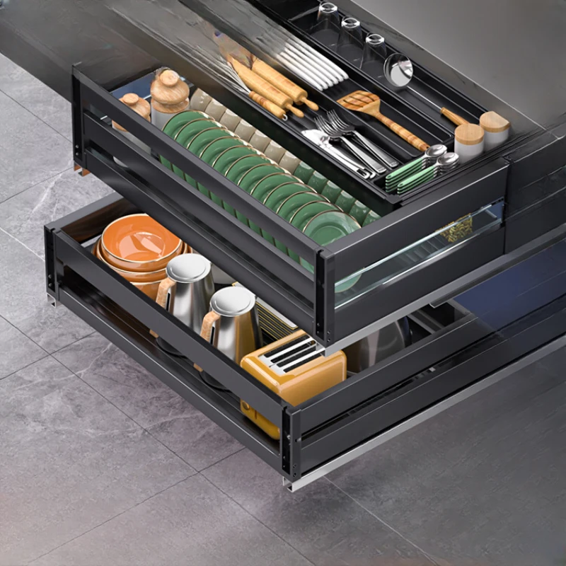 

Bowl rack, basket, kitchen cabinet, damping double-layer bowl basket, aluminum alloy pull-out drawer type kitchen cabinet, dish