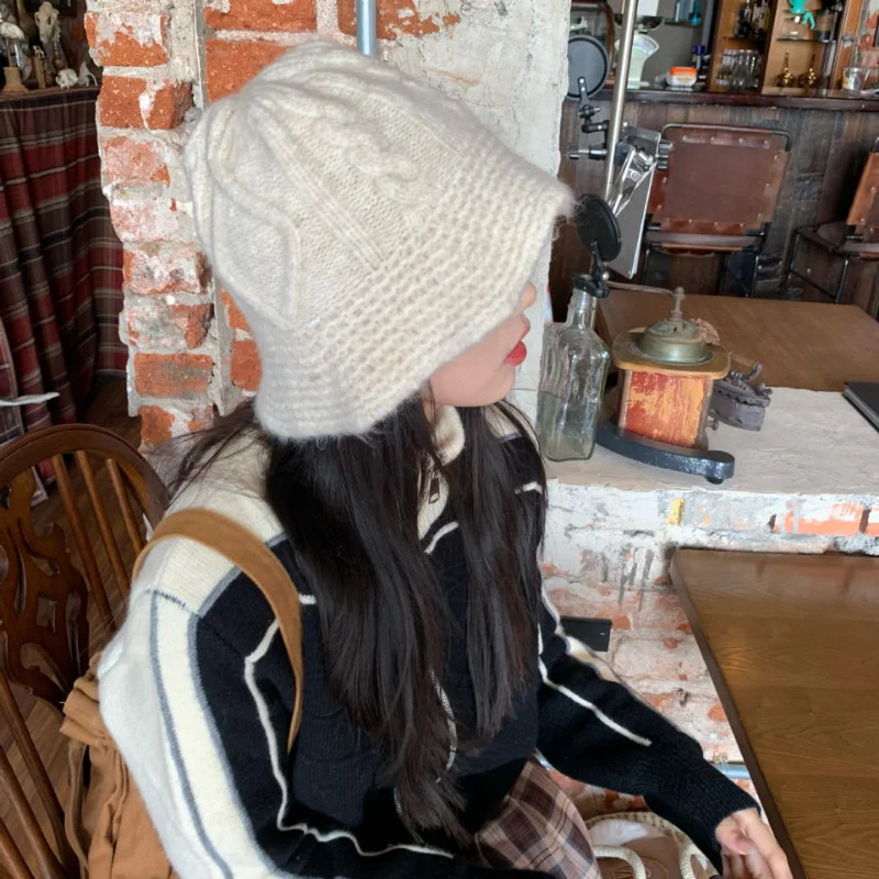 

INS Autumn Winter Woolen Thread Hat Retro Twist Knitted Hats Korean Solid Color Warm Fashion Floral-trimmed Basin Hat Gorros