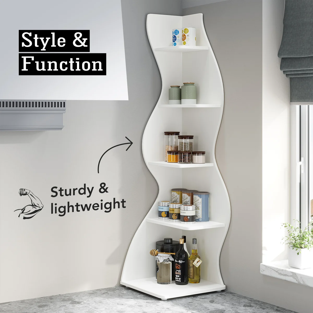 Tribesigns Modern 5-Tier Wall Corner Bookshelf, Stylish Corner Small Bookcase Storage Rack Plant Stand with Unique — view 3