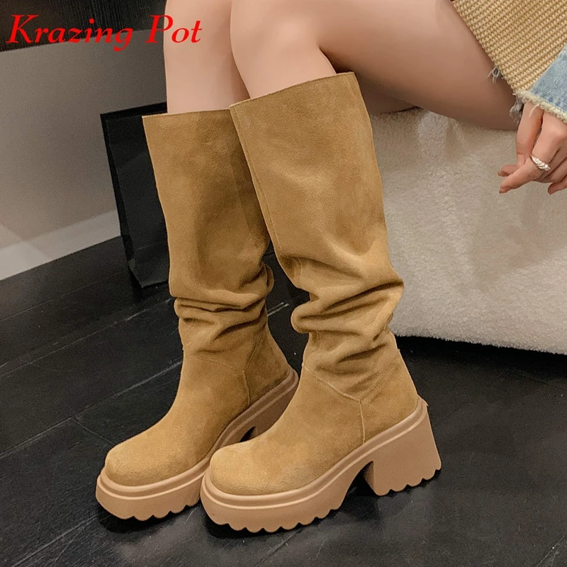 

Krazing Pot Full Grain Leather Cow Suede Round Toe Thick High Heels Western Boots Winter Pleated Punk Design Thigh High Boots