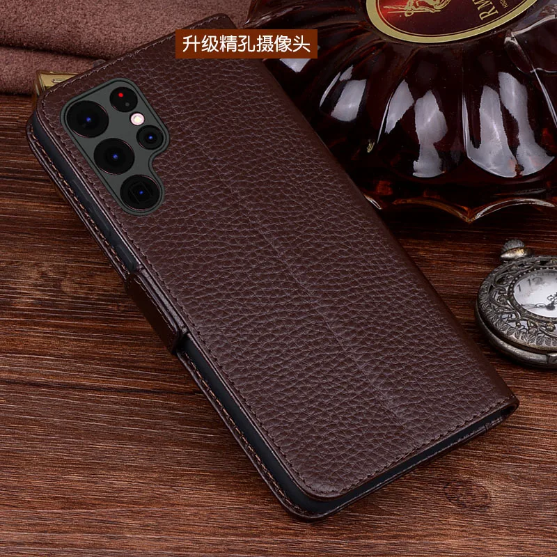 Luxury Lich Genuine Leather Flip Phone Case For Samsung Galaxy S22 Plus Ultra Real Cowhide Leather Shell Full Cover Pocket Bag