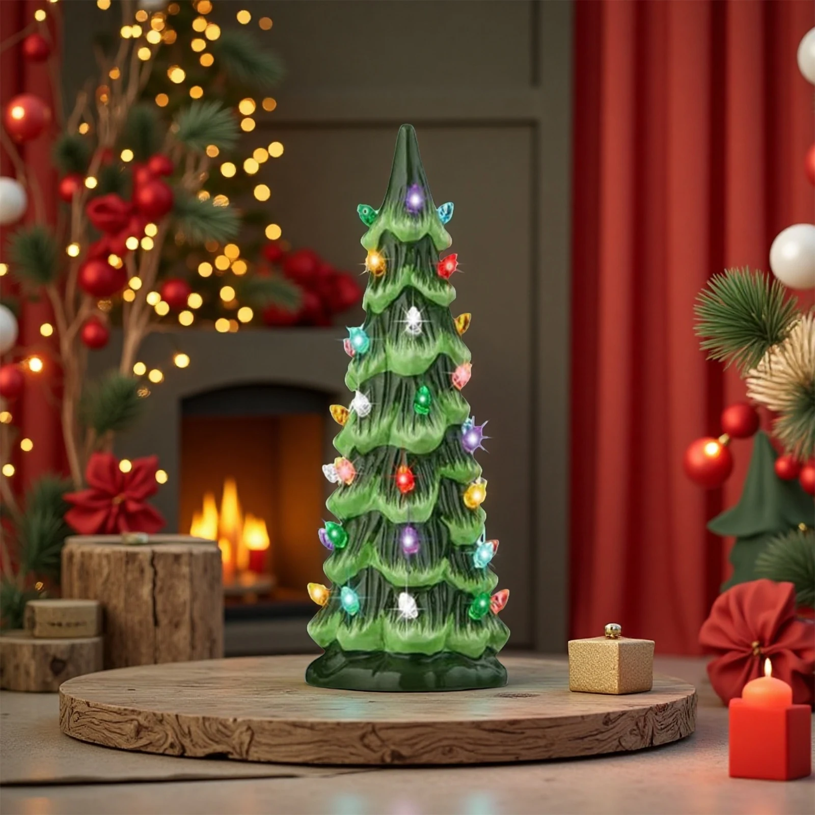 Retro Resin Christmas Village Decoration Tree Lights With Tree Topper LED Multicolored Lights For Ornaments Home Courtyard Ornam