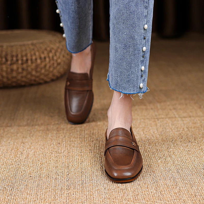 

2022 Spring Genuine Leather Women Shoes Casual Slip-On Loafers Comfortable Simple Shoes Square Toe Shoes Woman Zapatos De Mujer