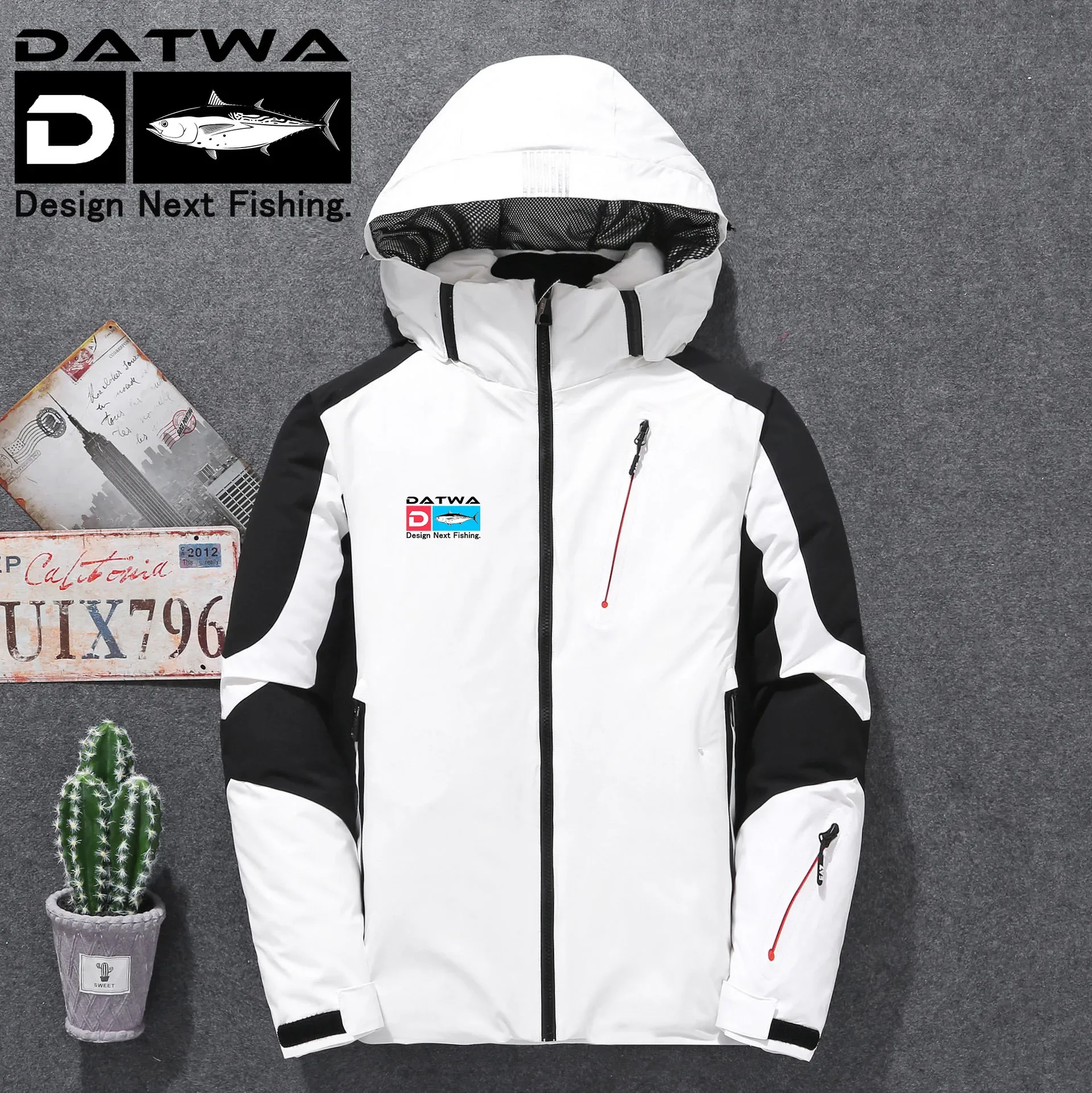 Datwa 야외 스포츠 두꺼운 후드 낚시 재킷, 가디건 프린트 재킷, 작업 스타일 코튼 하이킹 코트, 가을 겨울