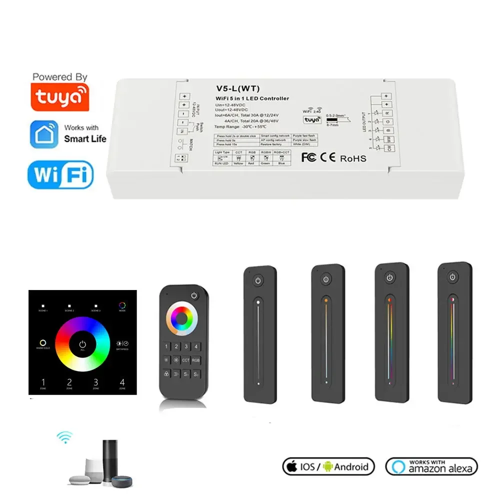 

Skydance 5 in1 LED strip Controller WIFI Tu'ya Push Dim RGB,RGBW,RGBCCT,CCT,single color APP Echo Plus Voice Control