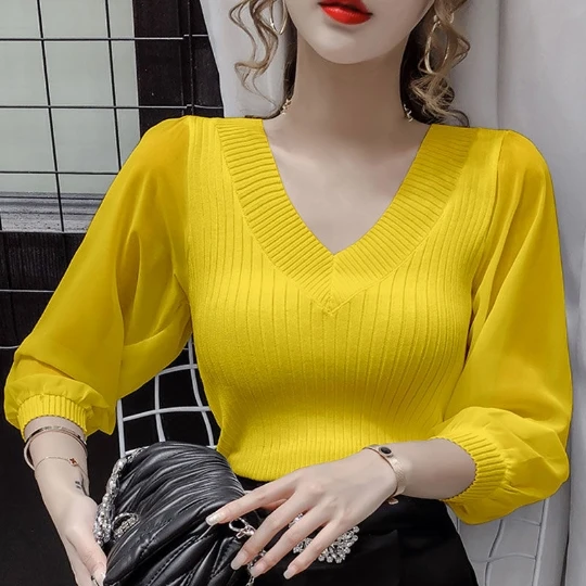 

Yellow Chiffon Women Girl Office Lady Pullover Girl Woman Sweater V Neck Knit Tops Tight Women's Sweaters Top Coat Cloth Suéter