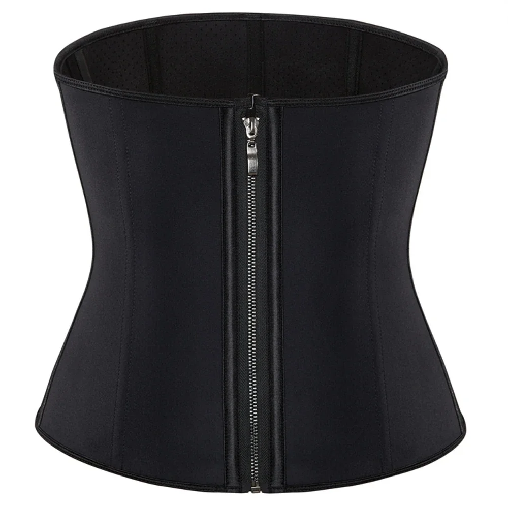 

Black Latex Waist Trainer Zipper and Hooks Steel Bones Cincher Long Torso Corset Women Slimming Belly Sheath Girdles Shaper