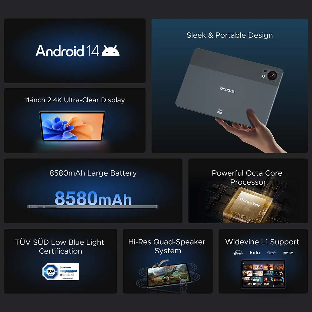 DOOGEE T30SE 태블릿, 2.4K TUV 인증, 안드로이드 14, 4GB, 128GB, T606 옥타코어, 쿼드 스피커, 8580mAh 태블릿, 11 인치