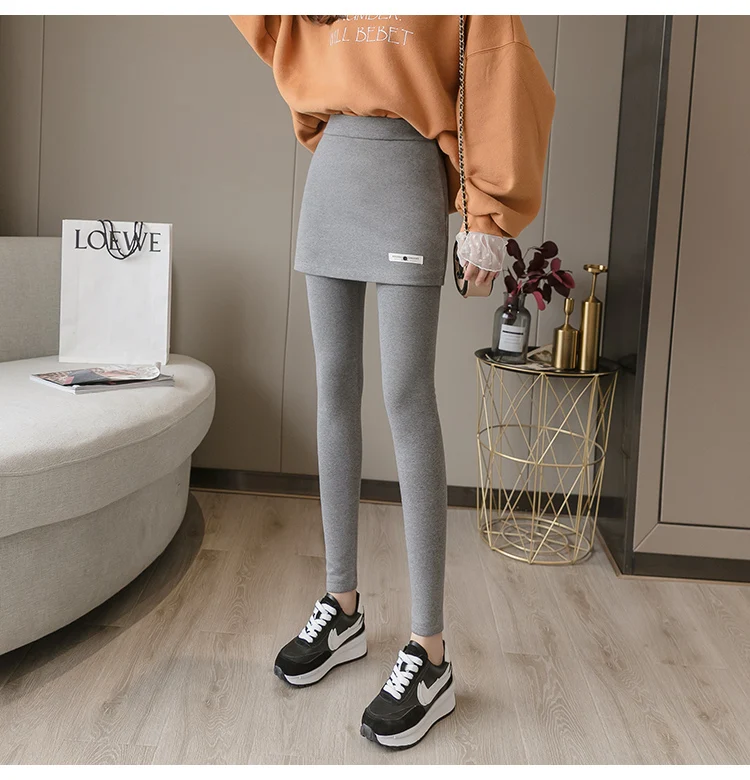 faux leather leggings Spring and autumn thin leggings with skirts fake two large size women's clothing to increase fat women's small culottes to wear white leggings