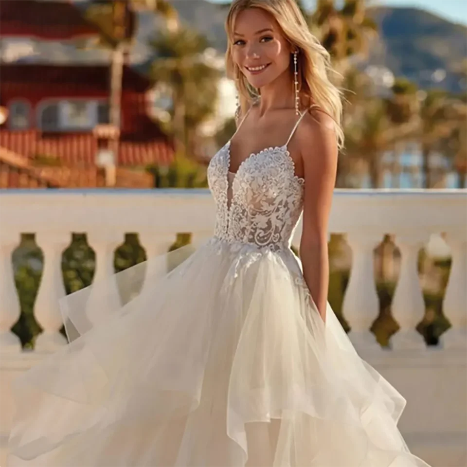 Bezaubernde Boho-Brautkleider mit Spaghettiträgern und Herzausschnitt, A-Linie, 2026, Rüschen, rückenfrei, Schleppe, Tüll, Brautkleider für Damen – Detail 5